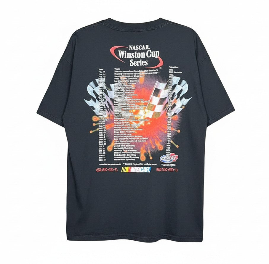 Velouria Vintage black 2001 Nascar Winston Cup Series cotton t-shirt with race schedule graphic on the back