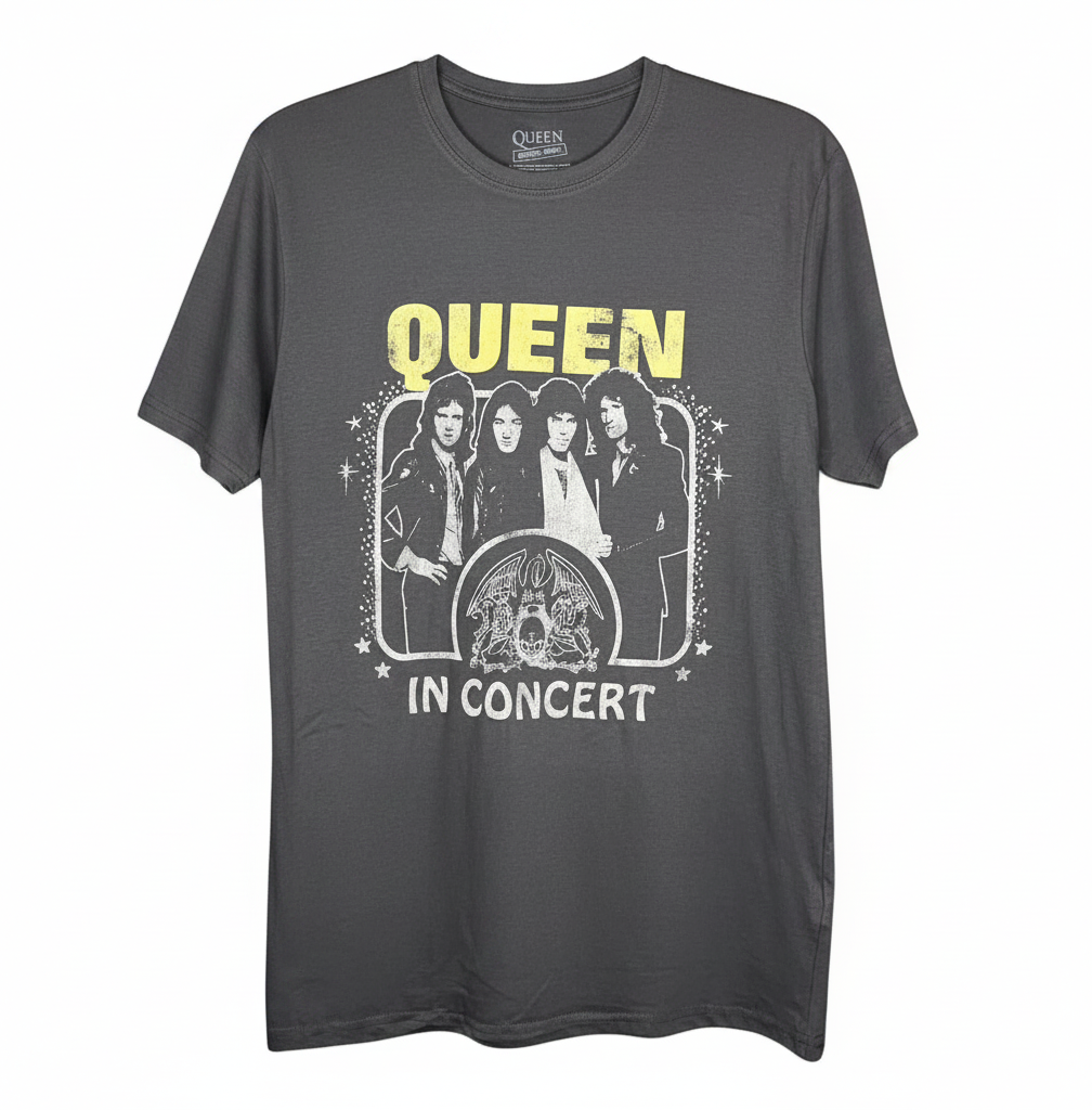 Velouria Vintage charcoal grey 100% cotton Queen In Concert band t-shirt with vintage-style graphic print