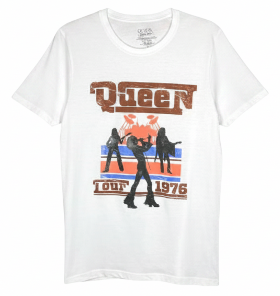 Velouria Vintage white cotton t-shirt featuring a retro Queen 1976 tour graphic print on the front.