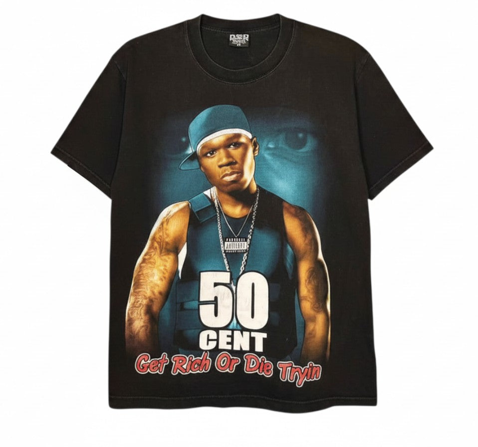 Velouria Vintage 2003 50 Cent Get Rich Or Die Tryin black cotton graphic t-shirt with rapper portrait print
