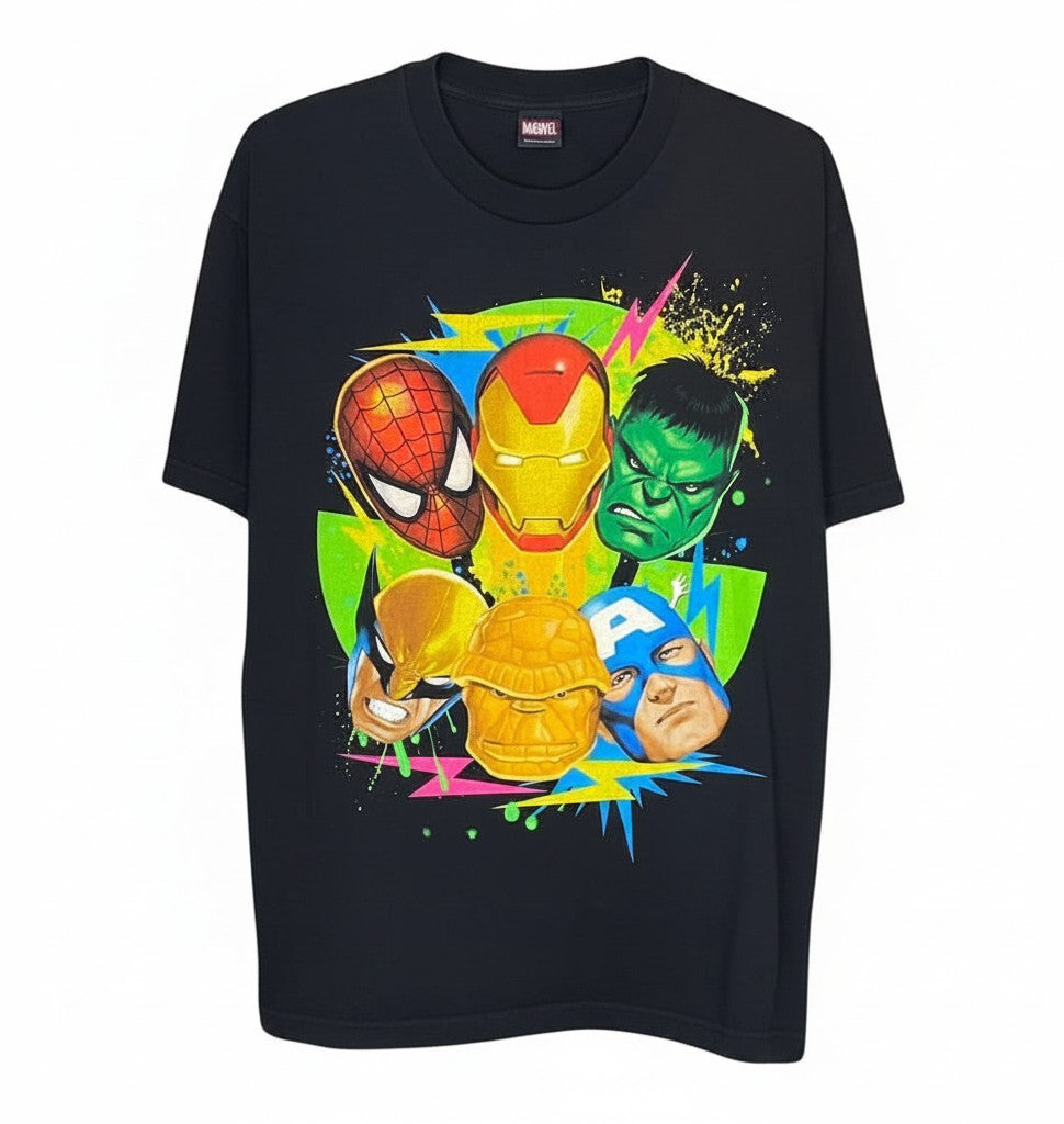 Velouria Vintage black 100% cotton t-shirt featuring a vibrant Marvel superhero faces graphic print