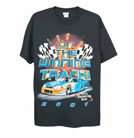 Velouria Vintage black 2001 Nascar Winston Cup Series cotton t-shirt with On The Winning Track graphic print