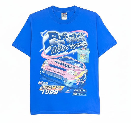 Velouria Vintage blue 1999 Nascar Bristol Motor Speedway graphic t-shirt made of 100% cotton.