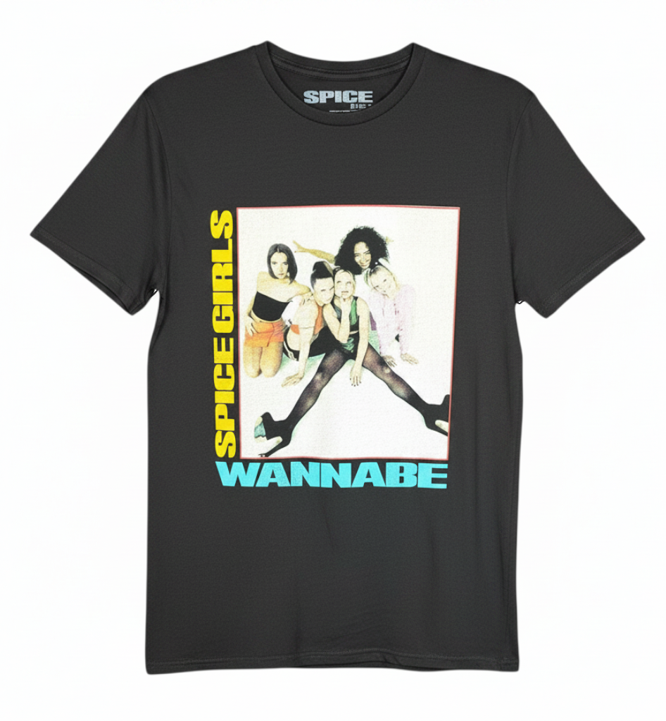 Velouria Vintage black cotton t-shirt featuring a Spice Girls Wannabe graphic print on the front.