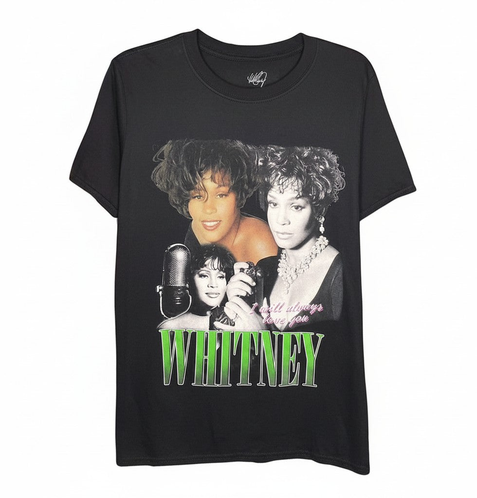 Velouria Vintage black cotton t-shirt featuring a graphic print of Whitney Houston portraits and text.